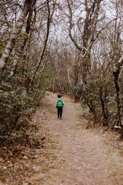 A small boy walks ahead the turkey wilderness trail
