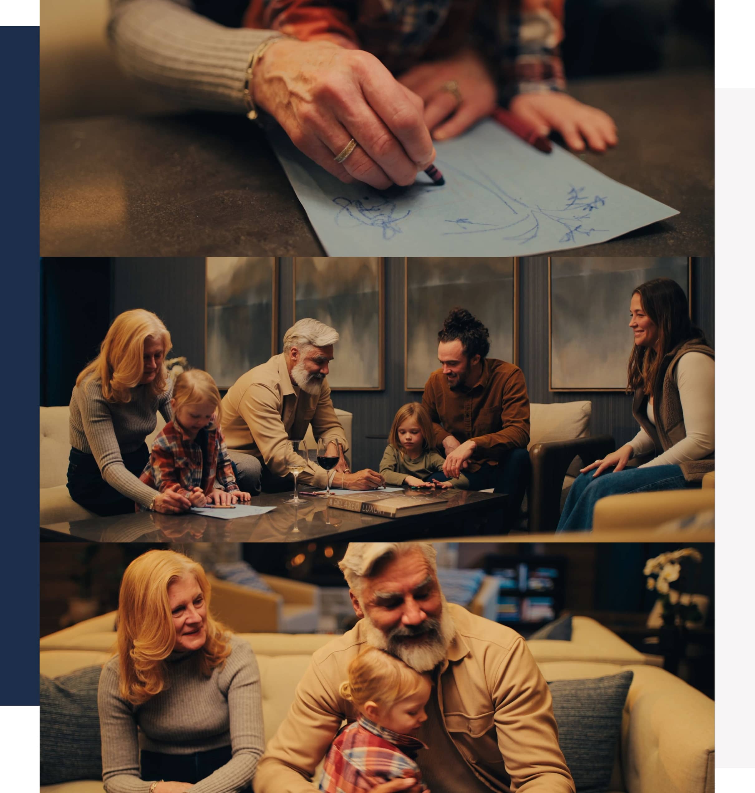 Family group gathered around a coffee table, playing a board game together in a cozy living room.